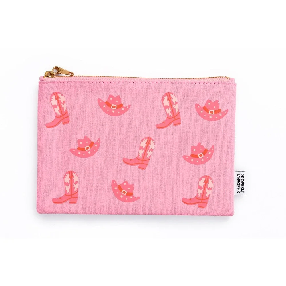Pink Cowboy Boot Hat Canvas Zipper Pouch Makeup Travel Bag